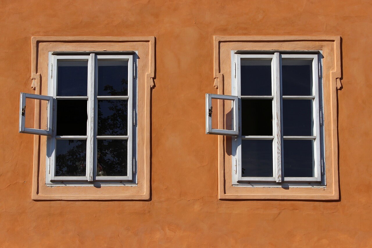 two windows on a tan wall with a tree in the window"