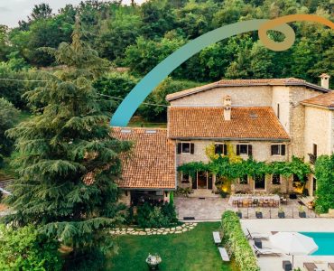 an aerial view of a house with a swimming pool
