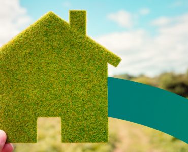 a person holding up a green house cut out of grass