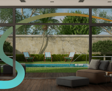 a living room filled with furniture next to a swimming pool