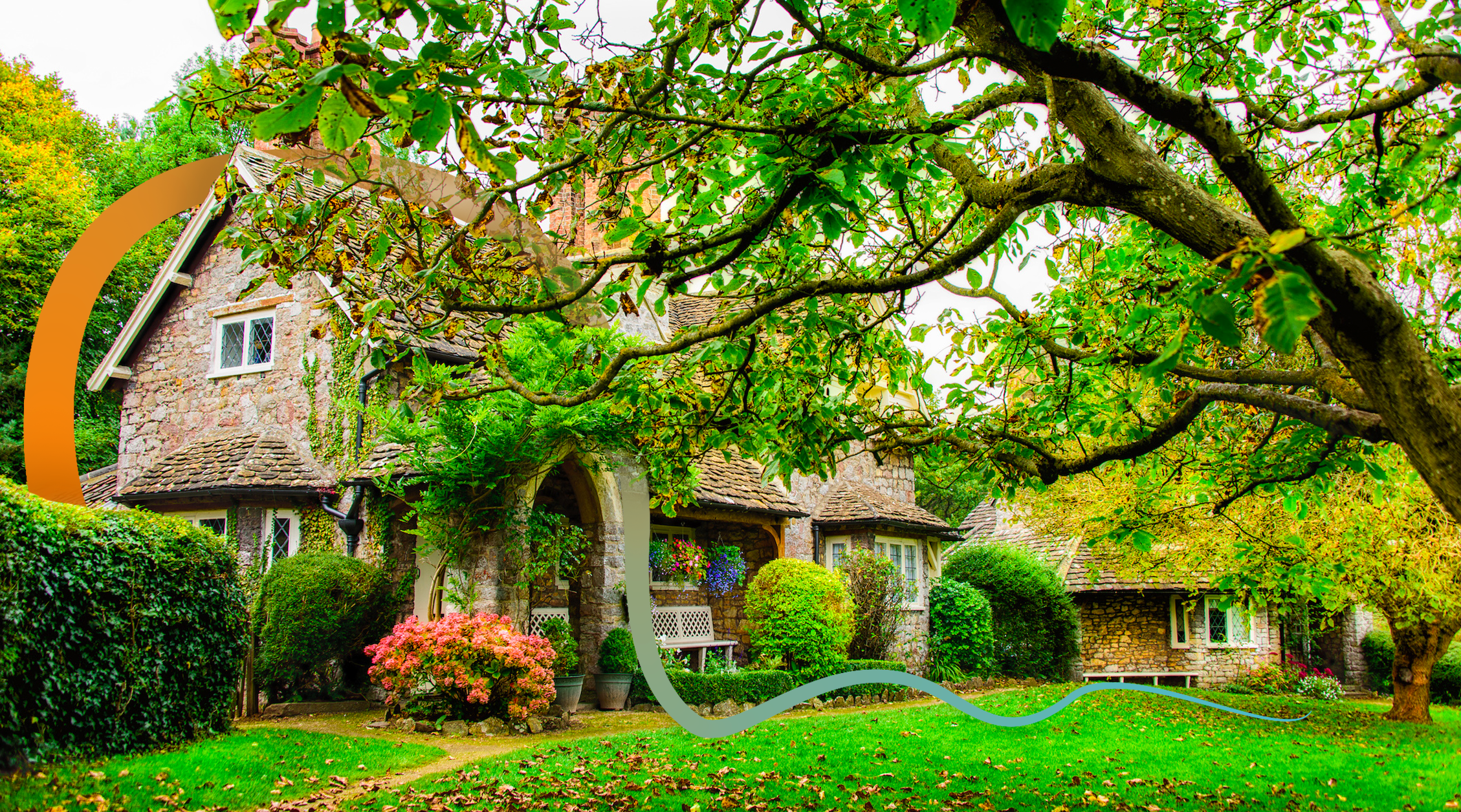 a house surrounded by trees and bushes
