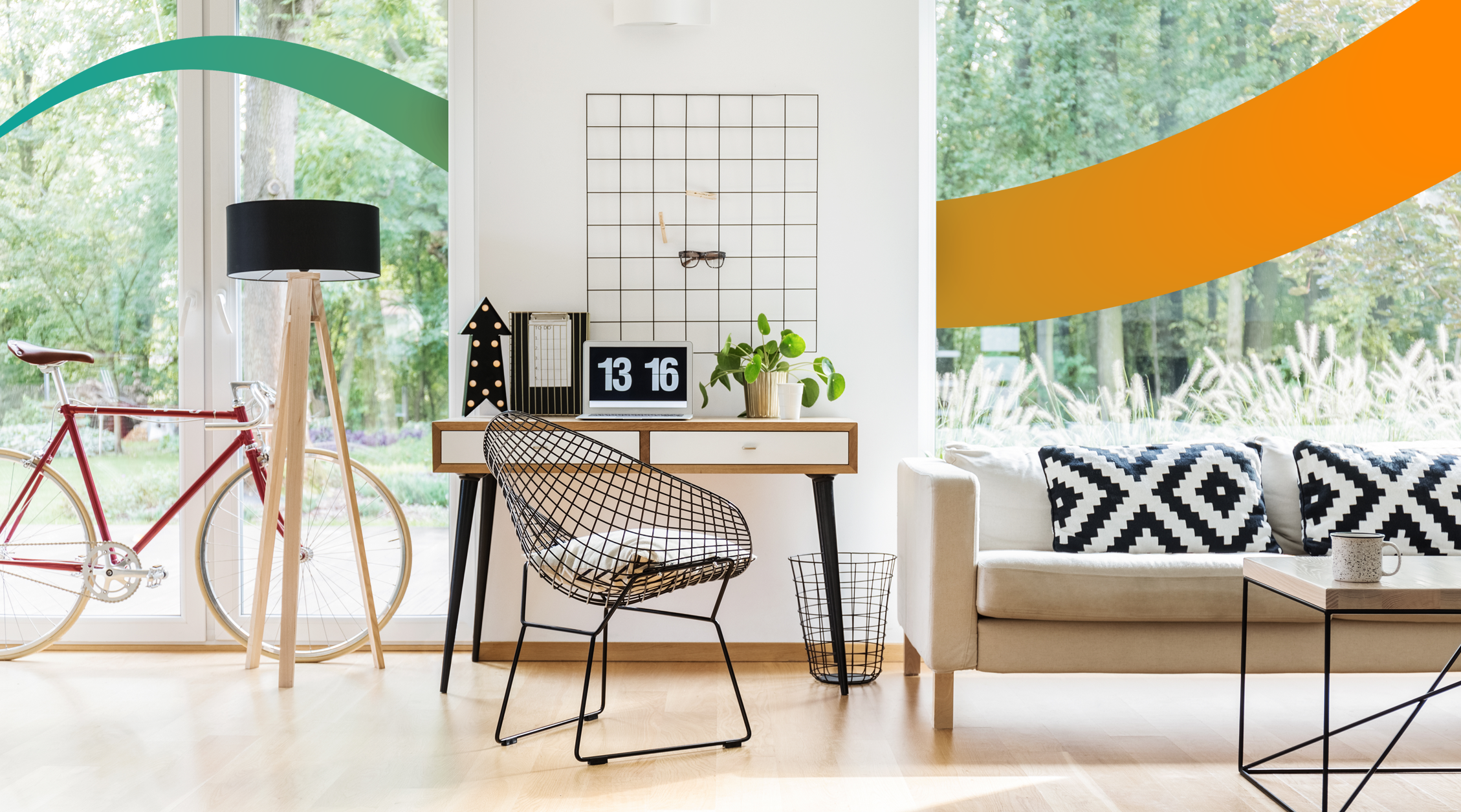 a living room filled with furniture and a bike