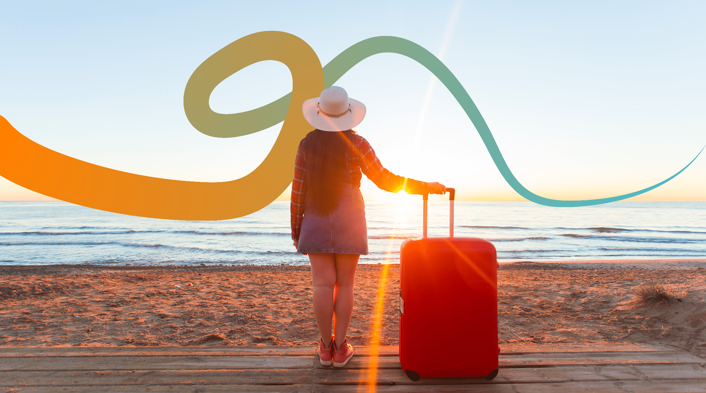 a woman with a suitcase on the beach