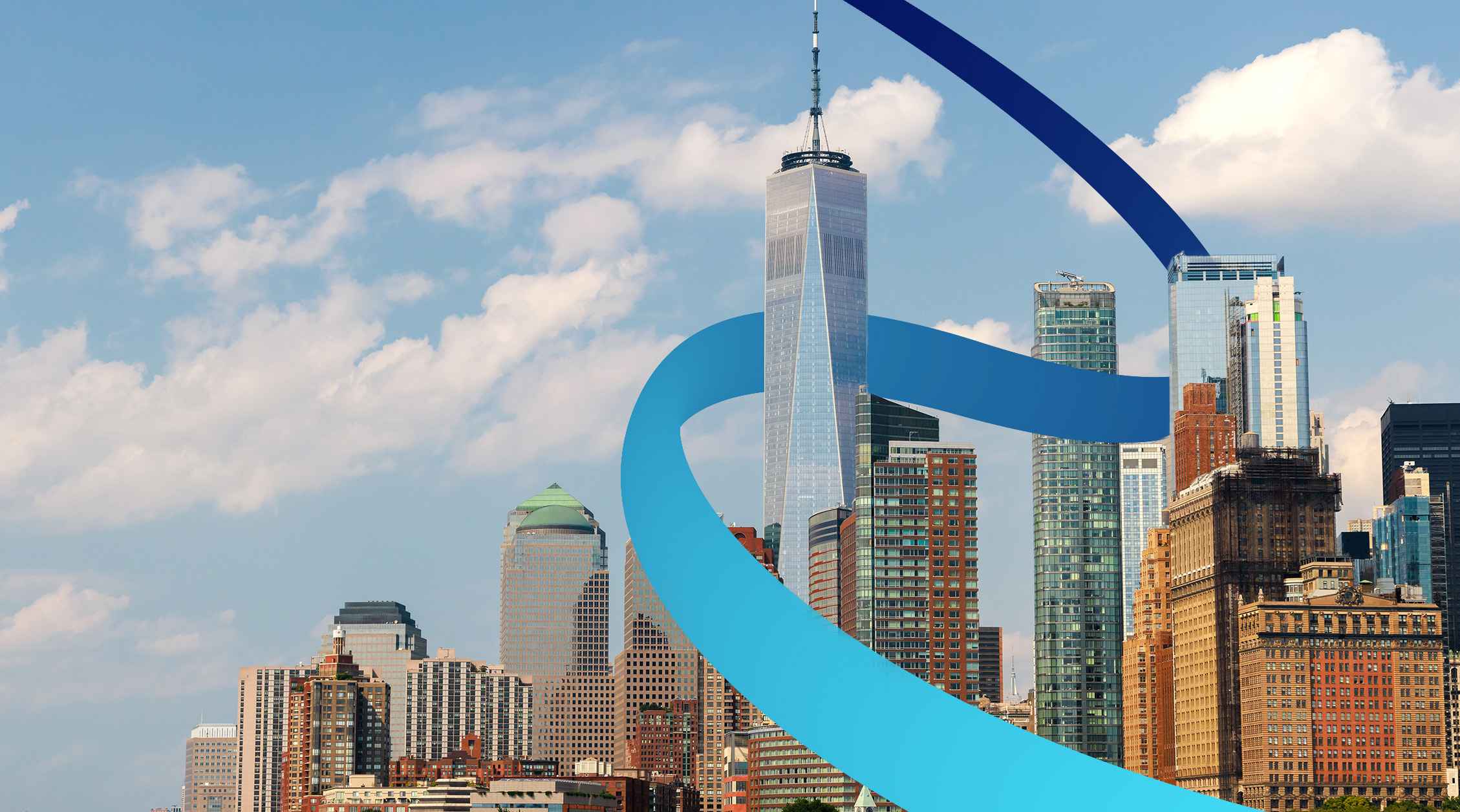 a statue of a blue ribbon in front of a city skyline
