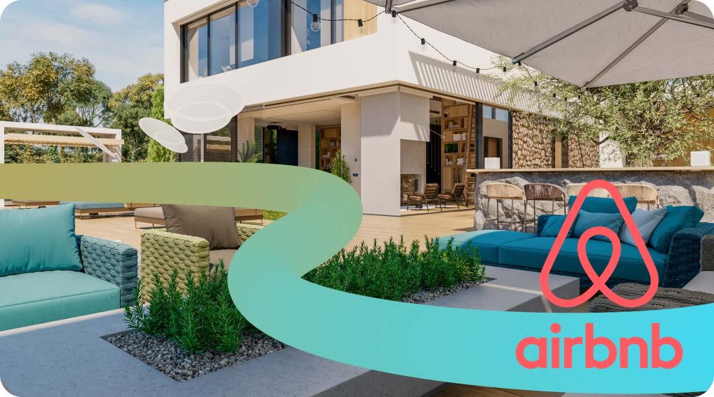 image showing what is airbnb arbitrage, with a holiday home in the background and an airbnb logo