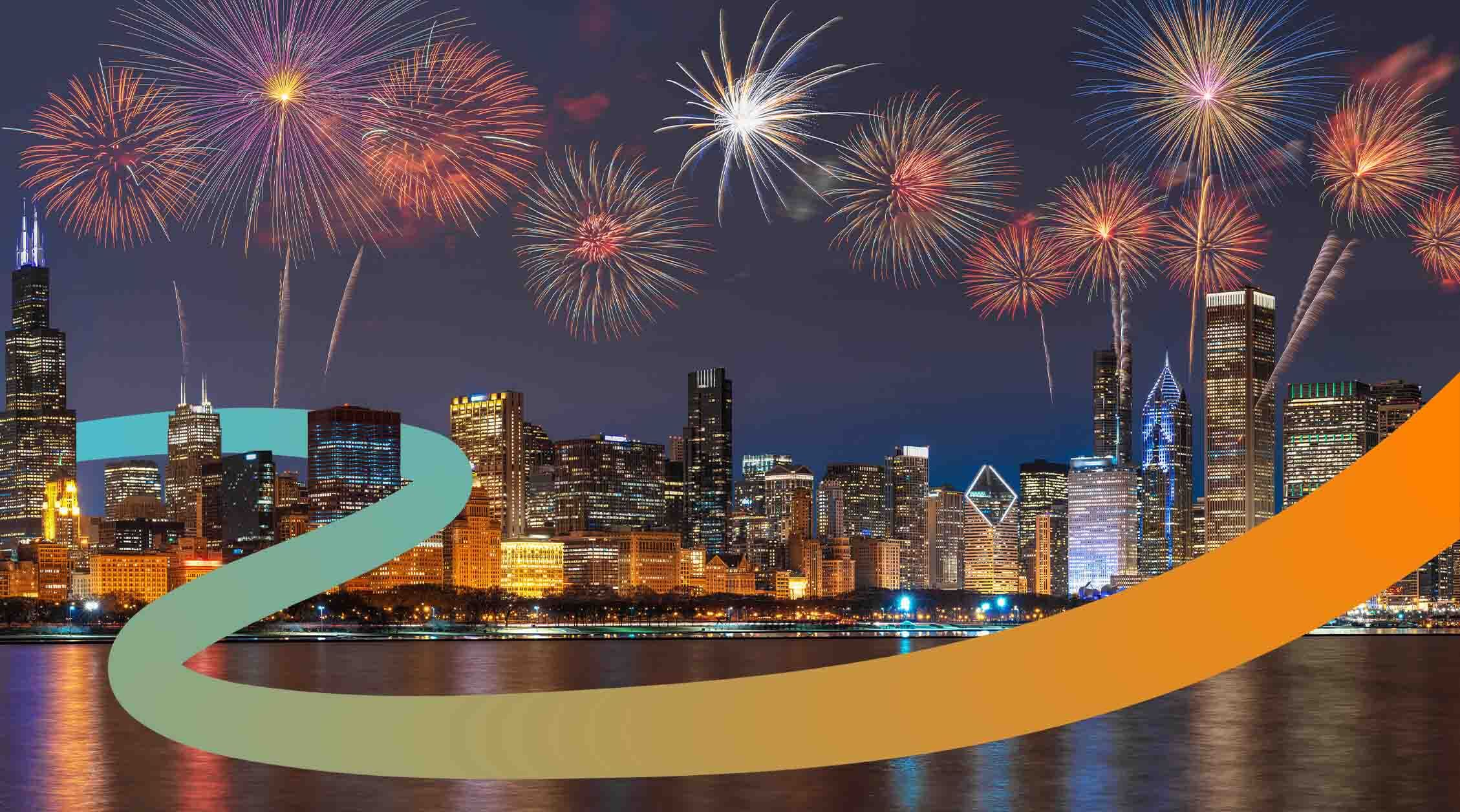 a city skyline with fireworks in the sky
