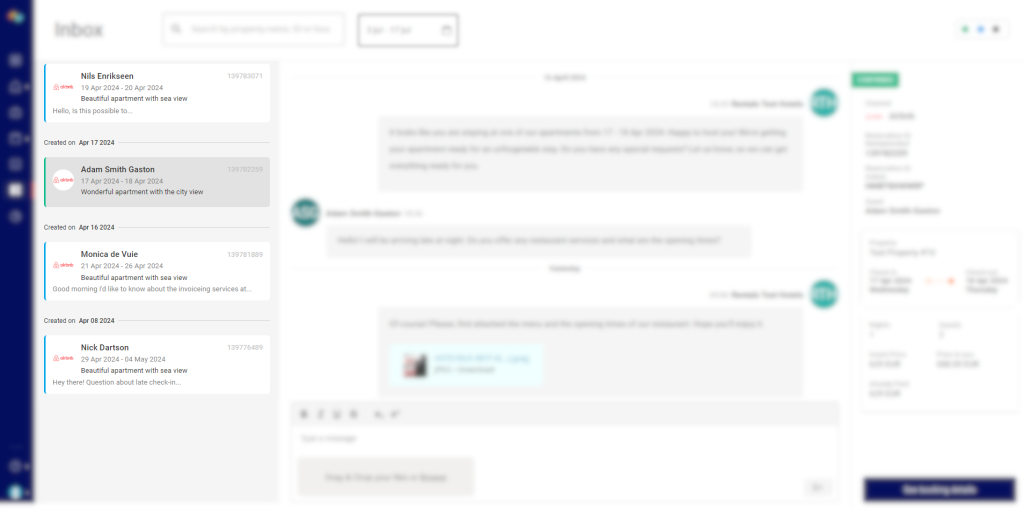 Screenshot of a unified inbox with chats from different channels including airbnb.