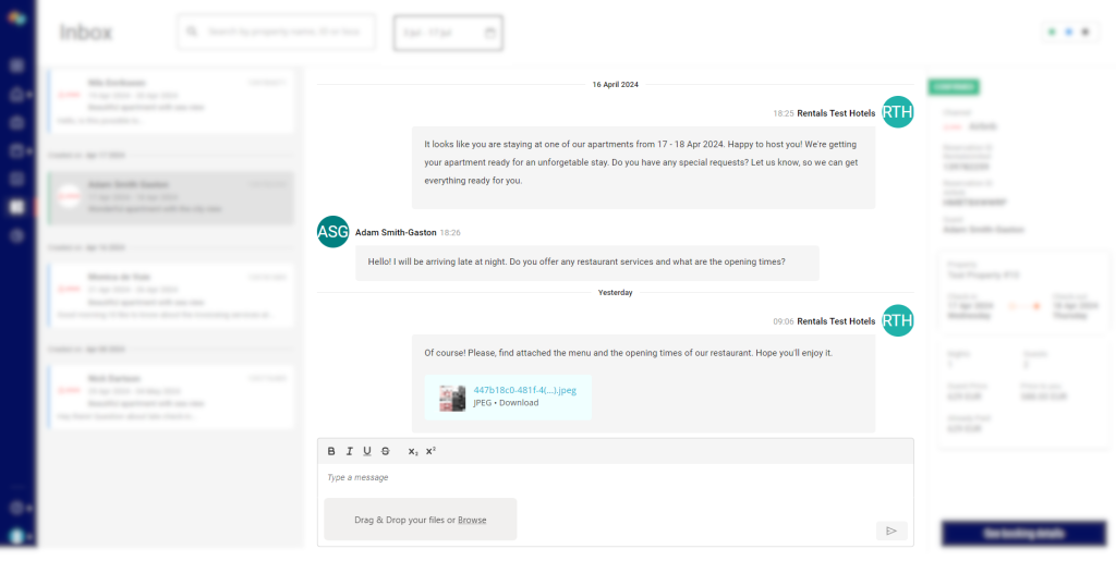 Screenshot of an online chat within a unified inbox with various messages between a property manager and a guest.
