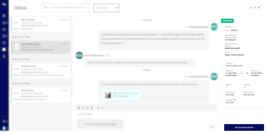 A screenshot of a chat screen within the unified inbox with multiple conversation bubbles and booking details.