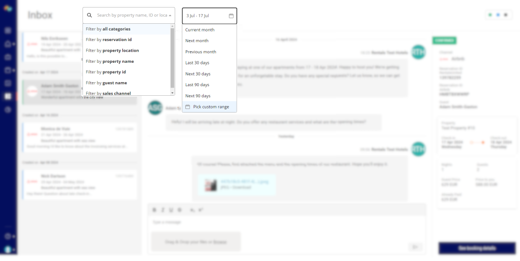Screenshot showing advanced filters by which you can search for messages and chats within a unified inbox.
