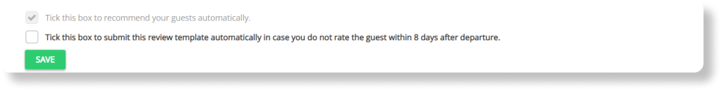 alt= Checkbox options with a green "SAVE" button below. One checkbox suggests submitting a review template automatically after 6 days if the guest remains unrated, aiming to boost those coveted 5* Airbnb reviews for hosts.